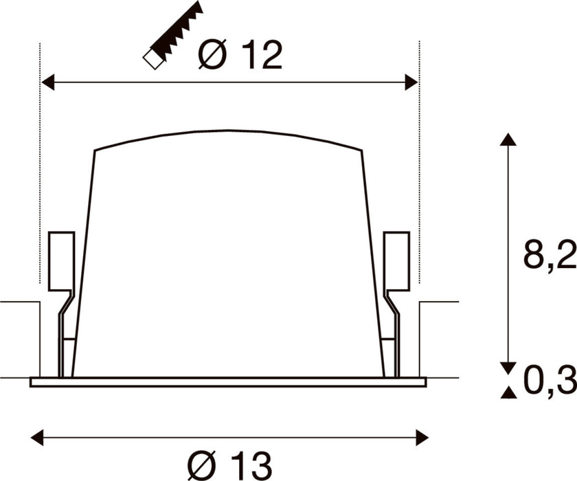 Technical drawing of a recessed light fixture showing dimensions.