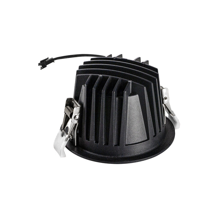 Black recessed LED downlight with metal heat sink and spring mounting clips.