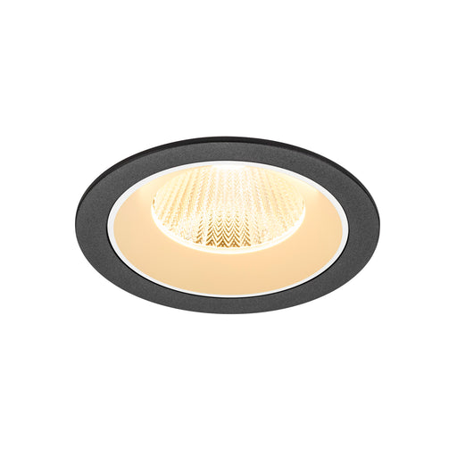 Recessed ceiling light fixture, black finish, round trim.