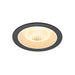 Recessed ceiling light fixture, black finish, round trim.