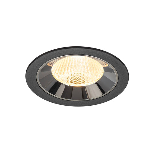 Recessed ceiling light fixture with a black metal finish and chrome reflector, featuring a warm white LED bulb for ambient lighting.
