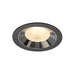 Recessed ceiling light fixture with a black matte finish, chrome reflector, and warm white LED light source.