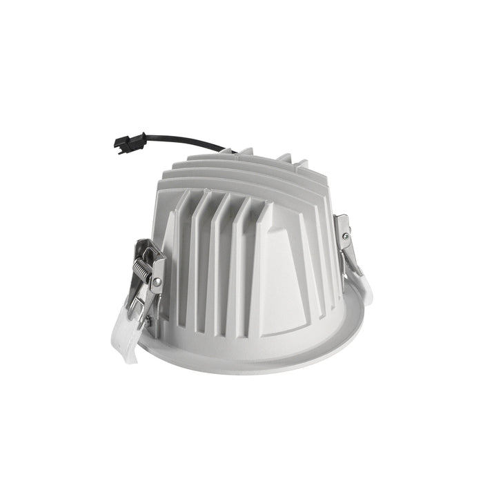 LED downlight fixture made of aluminum with a matte white finish, featuring a clip mount and a connected power cable.