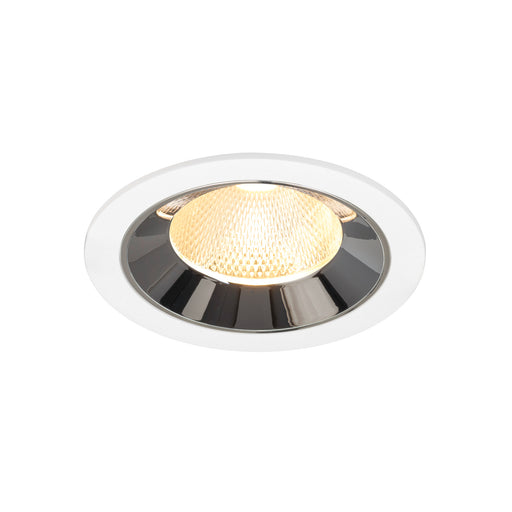 Recessed ceiling light fixture with a chrome finish, white metal trim, and a warm white LED bulb.
