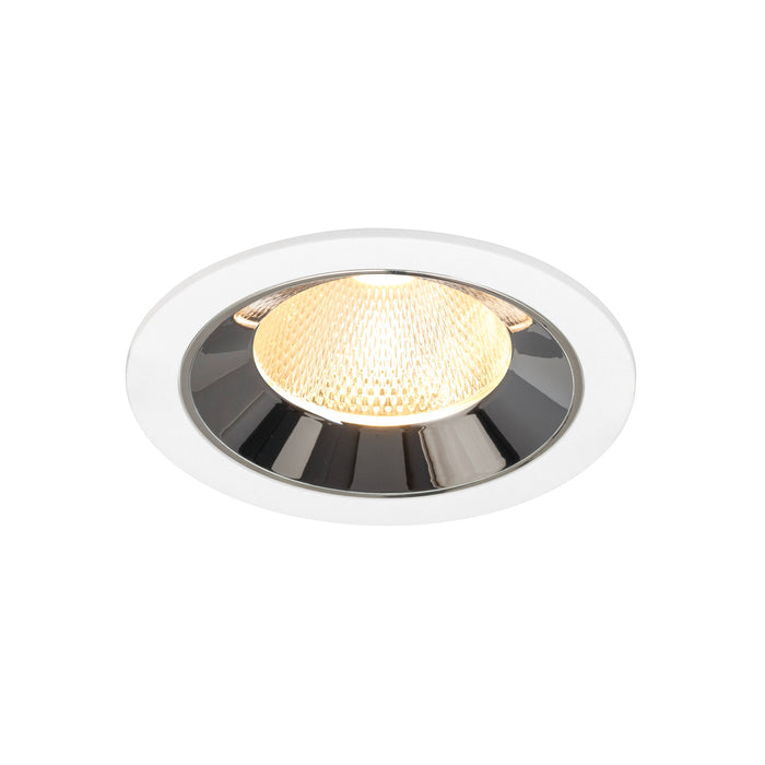 Recessed ceiling light fixture with a chrome finish, white metal trim, and a warm white LED bulb.