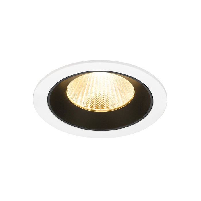 Recessed ceiling light fixture with a white metal finish, black trim, and a textured glass lens, designed for flush mounting.