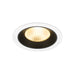 Recessed ceiling light fixture with a white metal finish, black trim, and a textured glass lens, designed for flush mounting.