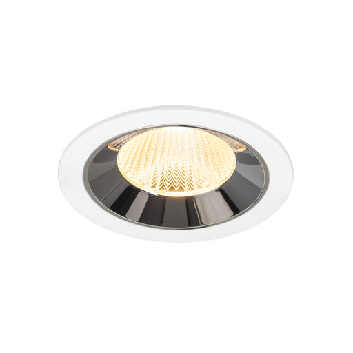 Recessed ceiling light fixture with a chrome finish, white metal trim, and a warm white LED bulb.