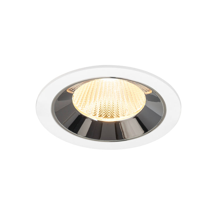 Recessed ceiling light fixture with a chrome finish, white metal trim, and a warm white LED bulb.