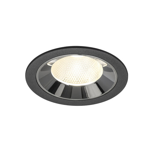 Recessed ceiling light fixture with a black finish, chrome reflector, and a textured lens for even illumination.