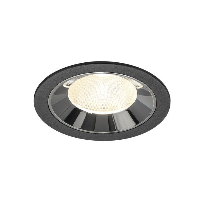 Recessed ceiling light fixture with a black finish, chrome reflector, and a textured lens for even illumination.