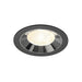 Recessed ceiling light fixture with a black finish, chrome reflector, and a textured lens for even illumination.