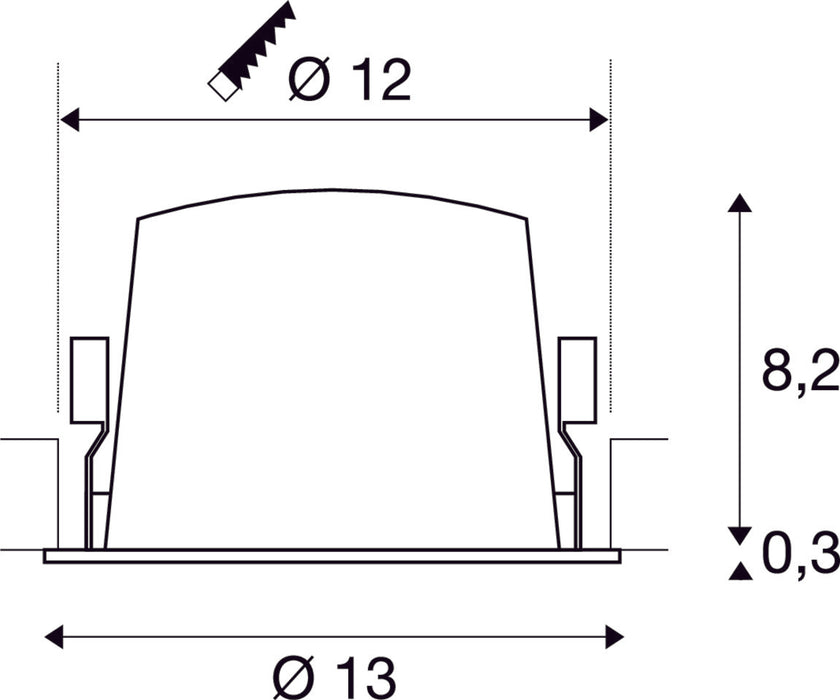 Black plastic mounting bracket with a matte finish, dimensions Ø12mm and Ø13mm, height 8.2mm, and thickness 0.3mm.