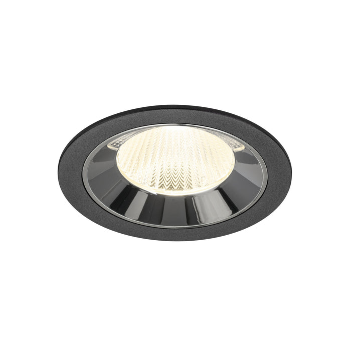 Recessed ceiling light fixture in black finish with a polished chrome reflector and white lens, designed for flush mounting.