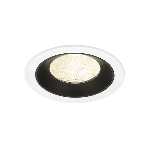 Recessed ceiling light fixture with a black and white finish, made of metal, featuring a textured lens and designed for flush mounting.