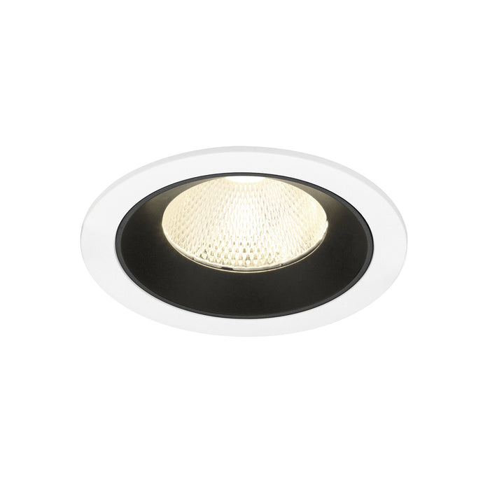 Recessed ceiling light fixture with a black and white finish, made of metal, featuring a textured lens and designed for flush mounting.