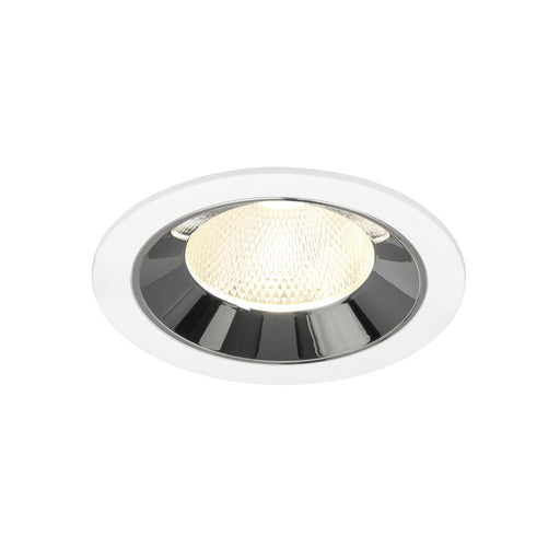 Recessed ceiling light fixture in white and chrome finish, featuring a textured glass shade and designed for flush mounting.
