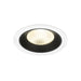 Recessed ceiling light fixture with a white finish, black interior, and textured glass lens, designed for flush mounting.