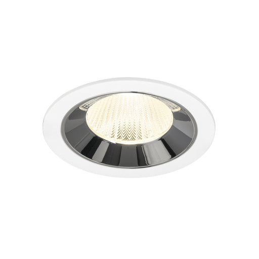 Recessed ceiling light fixture with a chrome finish, white trim, and a textured glass lens, designed for easy mounting in various ceiling types.