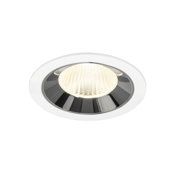 Recessed ceiling light fixture with a chrome finish, white trim, and a textured glass lens, designed for easy mounting in various ceiling types.