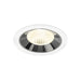 Recessed ceiling light fixture with a chrome finish, white trim, and a textured glass lens, designed for easy mounting in various ceiling types.