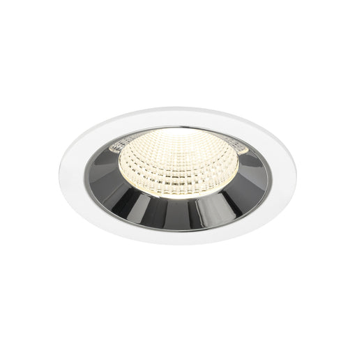 Recessed LED downlight in white finish with chrome reflector, featuring a glass lens for even illumination and designed for ceiling mounting.