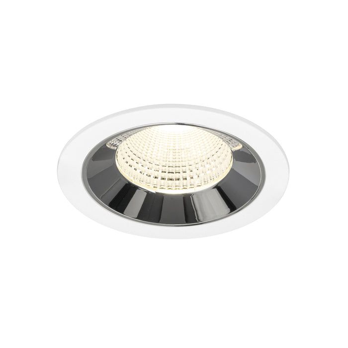 Recessed LED downlight in white finish with chrome reflector, featuring a glass lens for even illumination and designed for ceiling mounting.
