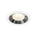 Recessed LED downlight in white finish with chrome reflector, featuring a glass lens for even illumination and designed for ceiling mounting.