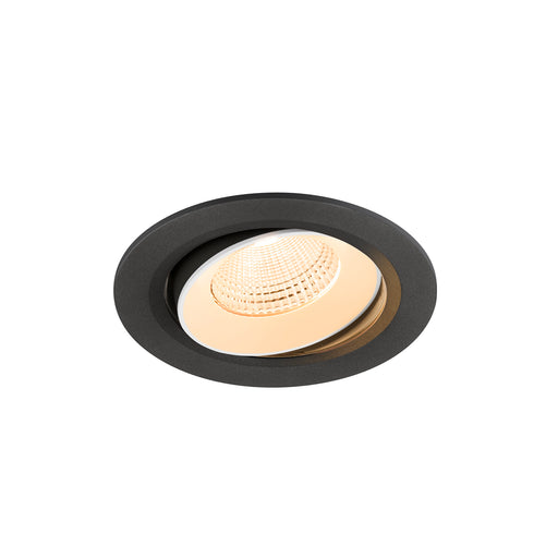 Recessed ceiling light fixture, black finish, adjustable beam angle.