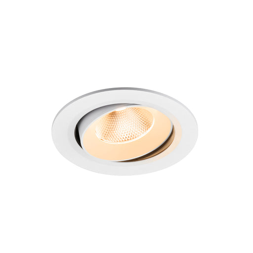 Recessed ceiling light fixture, white finish, adjustable spotlight.