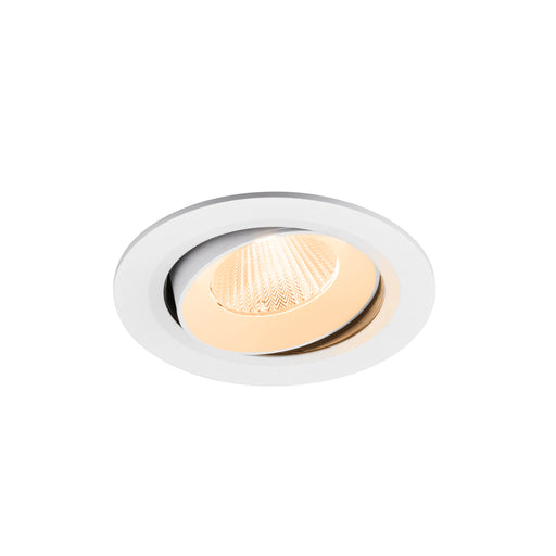 White recessed ceiling light fixture with adjustable warm light.