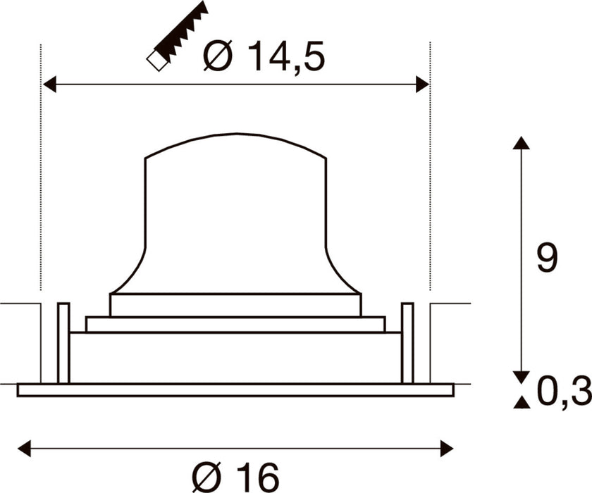 Technical drawing with dimensions of a white surface-mounted light fixture.