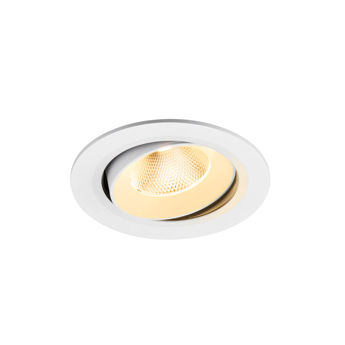 Recessed ceiling light fixture, white finish, adjustable spotlight.