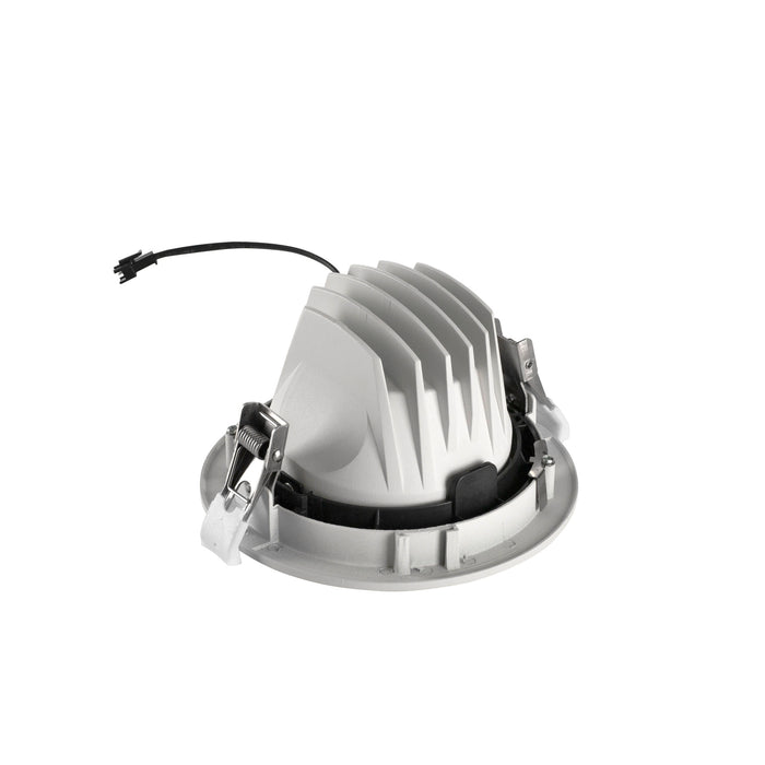 Recessed ceiling light fixture, white finish, with mounting clips and wiring.