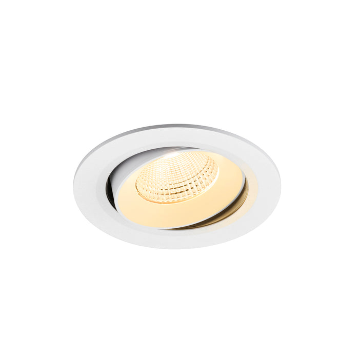 White recessed LED downlight, adjustable, with a matte finish.