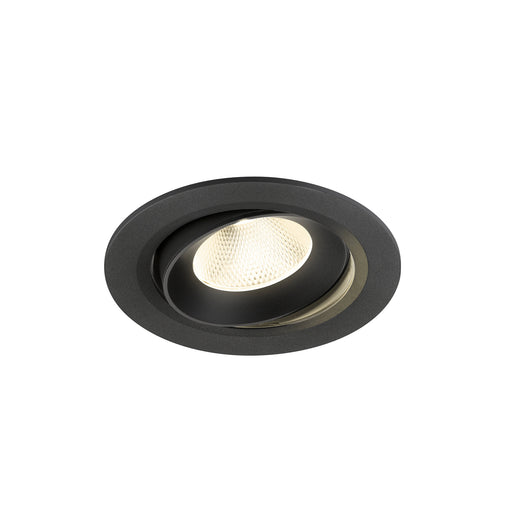 Recessed ceiling light fixture, black finish, adjustable spotlight.