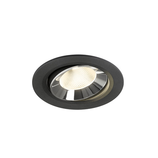 Recessed ceiling light fixture with a black matte finish, chrome reflector, and integrated LED, designed for flush mounting.
