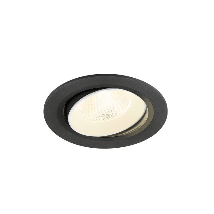 Recessed ceiling light fixture, black finish, adjustable white LED insert.