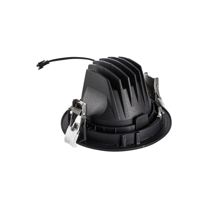 Black recessed LED downlight fixture with metal mounting clips.