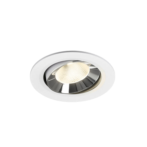 Recessed ceiling light fixture with a chrome finish, white metal trim, and a warm white LED bulb.