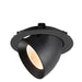 Black recessed ceiling light fixture, adjustable spotlight, matte finish.