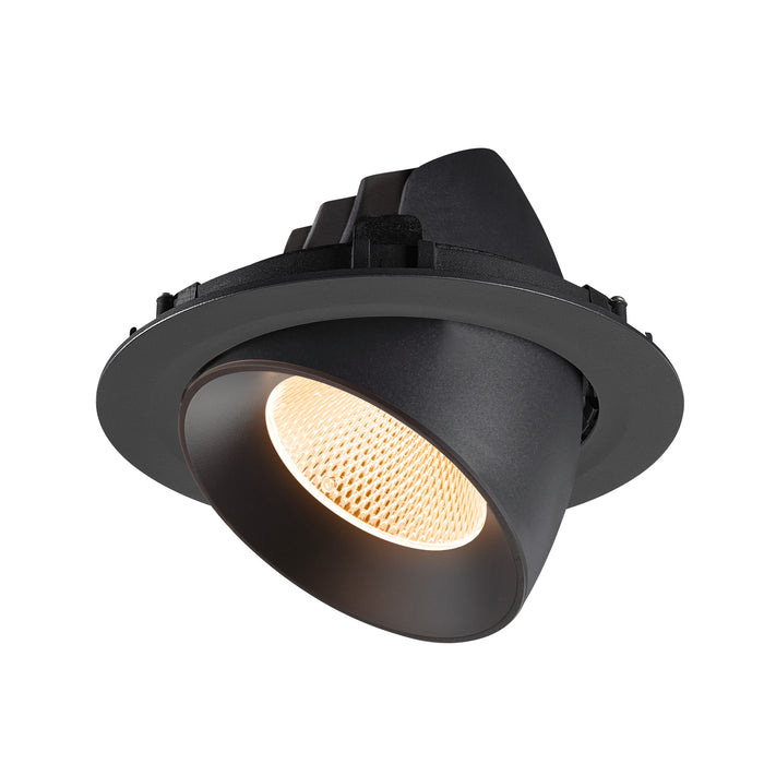 Black recessed ceiling light fixture, adjustable spotlight.