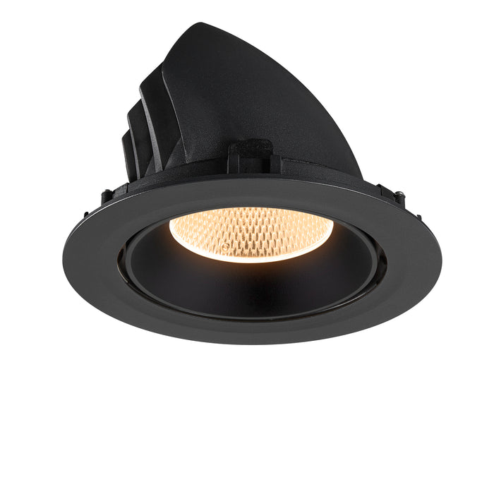 Black recessed downlight fixture, matte finish, ceiling mounted.