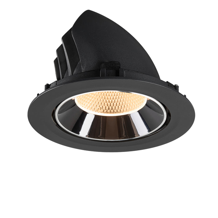Black recessed LED downlight with a reflective chrome finish and honeycomb lens for glare reduction, designed for ceiling mounting.