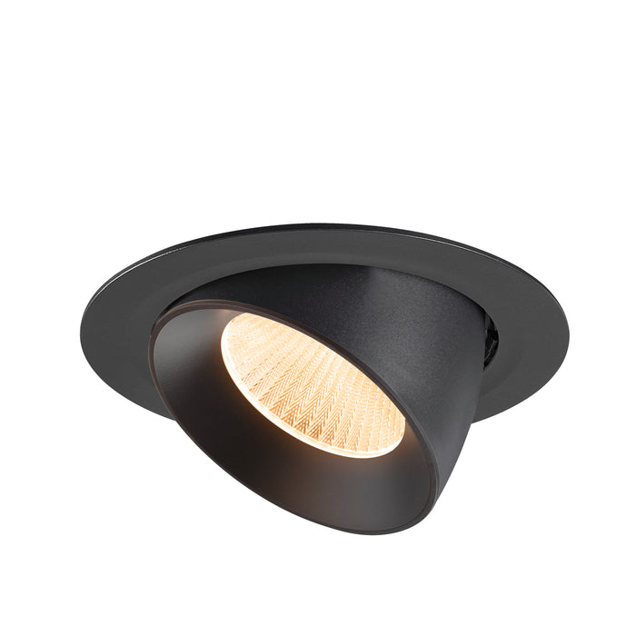 Black recessed ceiling light fixture with adjustable head.