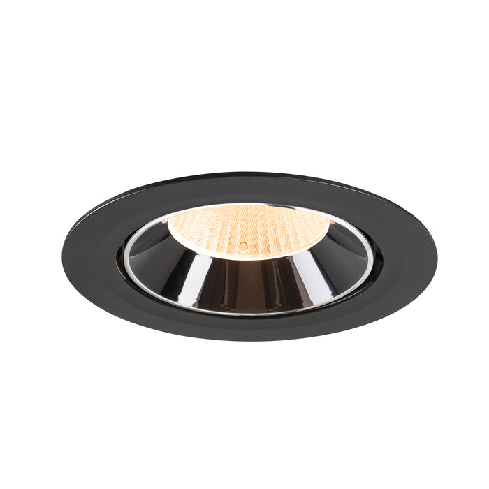 Recessed ceiling light fixture in black metal finish with a reflective chrome interior and warm white LED bulb.