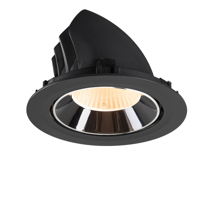 Recessed downlight fixture in black aluminum with a polished chrome reflector and warm white LED, designed for ceiling mounting.