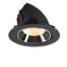 Recessed downlight fixture in black aluminum with a polished chrome reflector and warm white LED, designed for ceiling mounting.