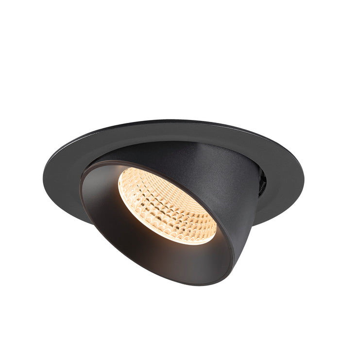 Black recessed ceiling light fixture with adjustable head.