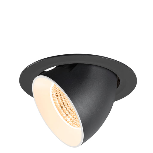 Black recessed ceiling light fixture with adjustable head.